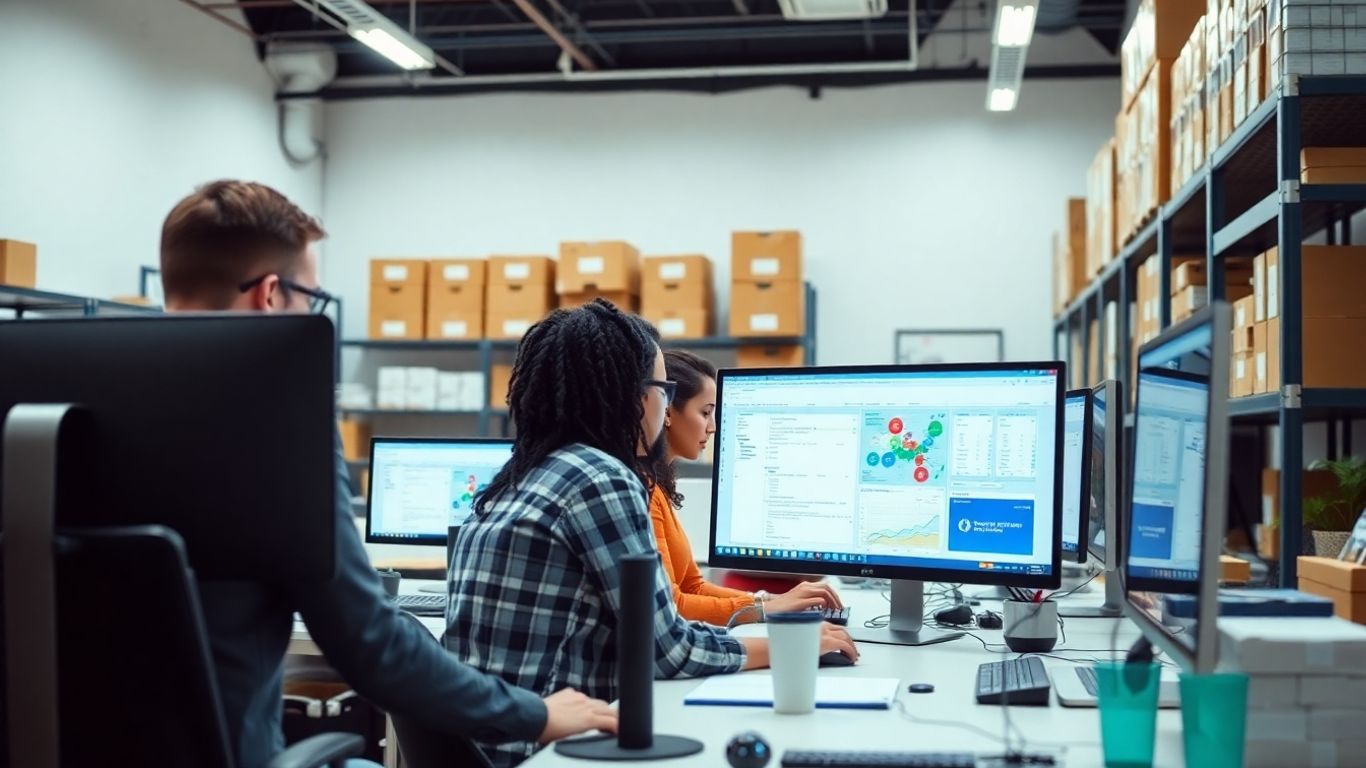 Team managing inventory in a modern office workspace