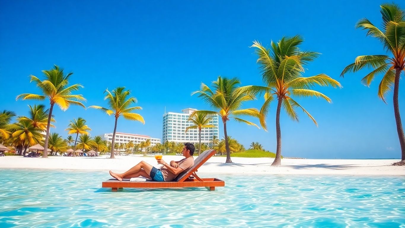 Couple enjoying cocktails on a tropical beach vacation.