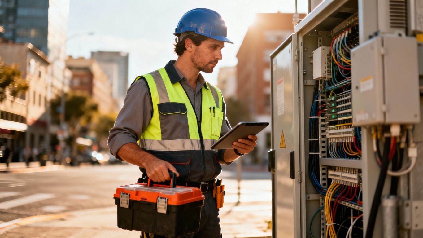 Field IT technician working outdoors with tools and tablet.