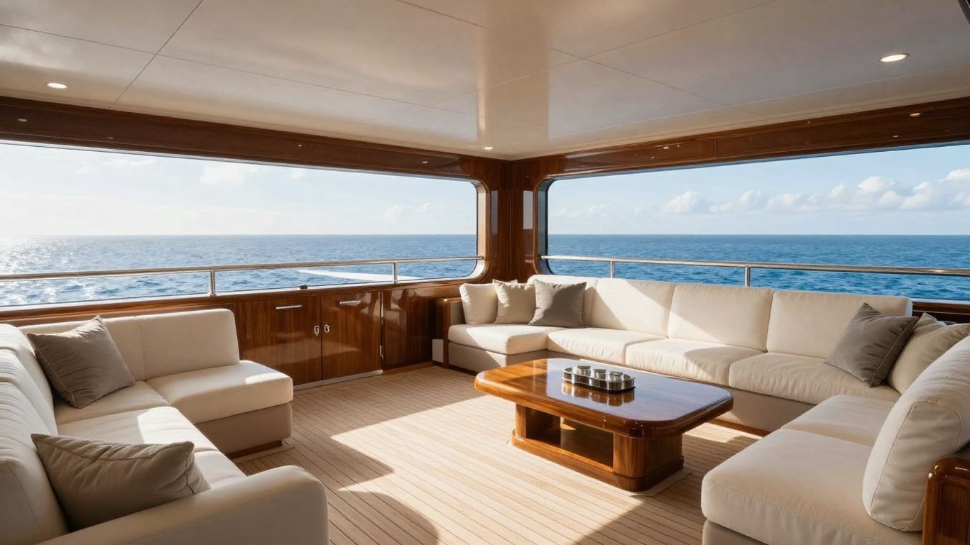 Luxurious superyacht interior with expansive decks and ocean views.