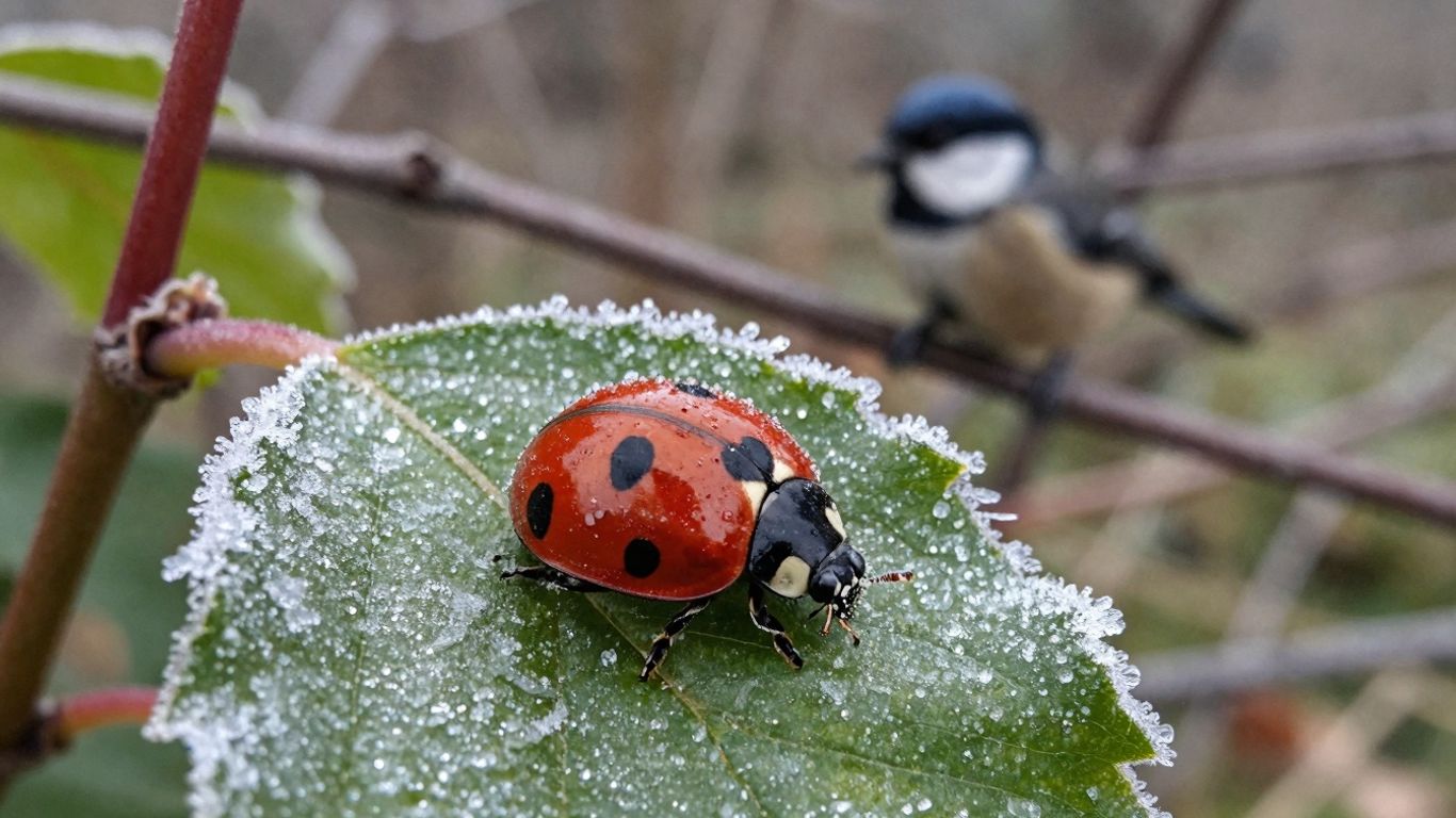Marienkäfer auf frostigem Blatt im Wintergarten