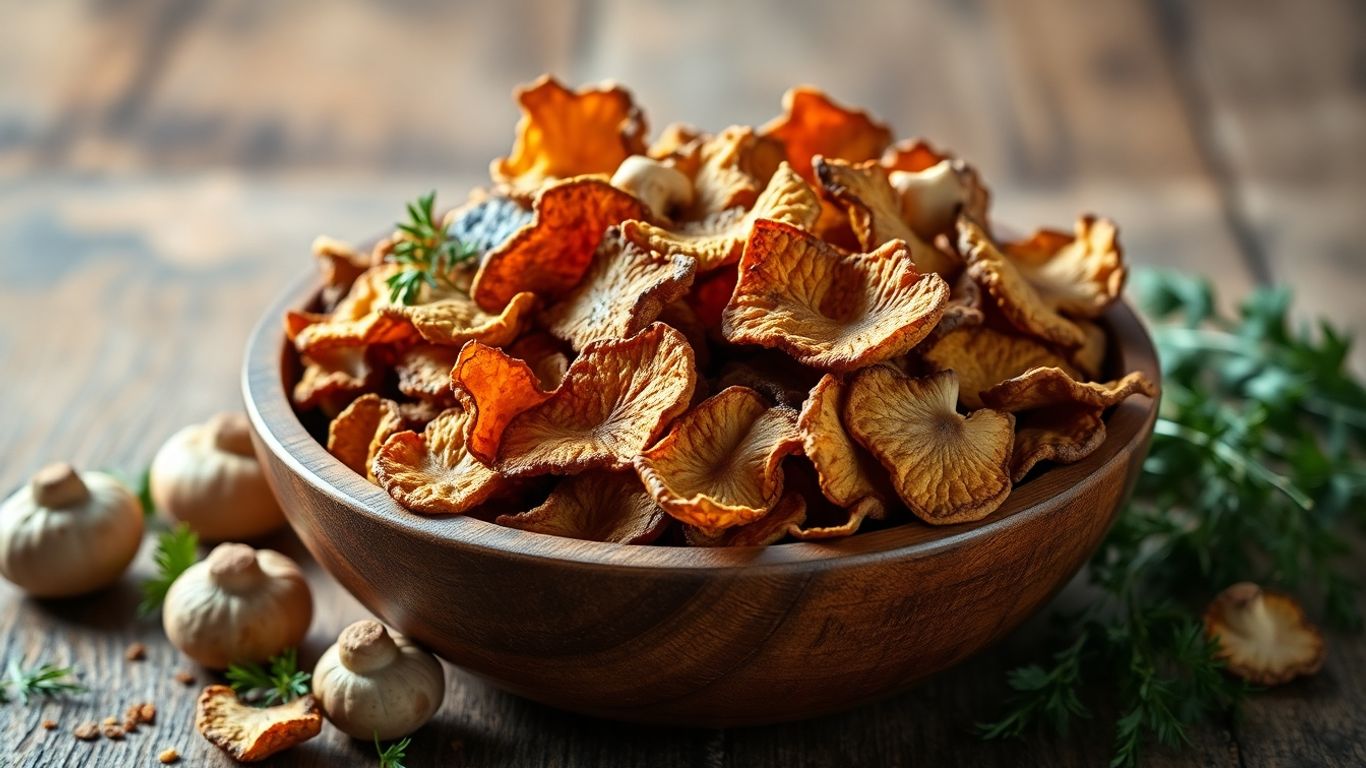 Crispy mushroom chips in a bowl with herbs.