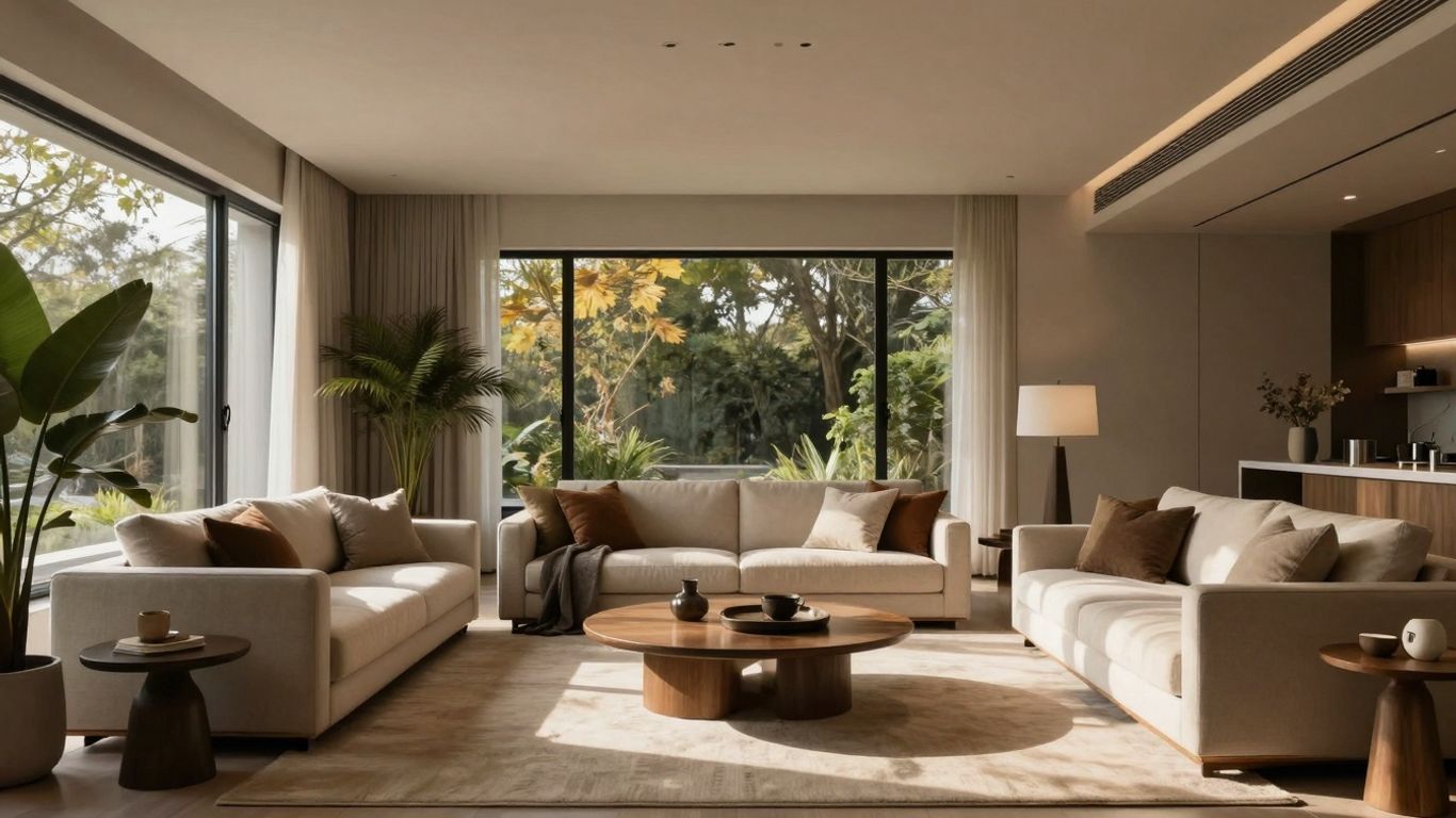 Modern living room with sunlight and comfortable seating.