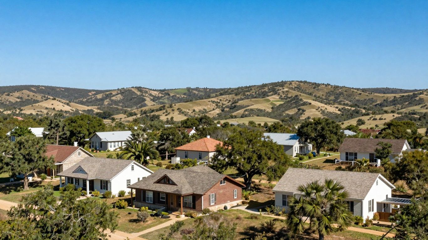 Hill Country homes with diverse roofing under a blue sky.