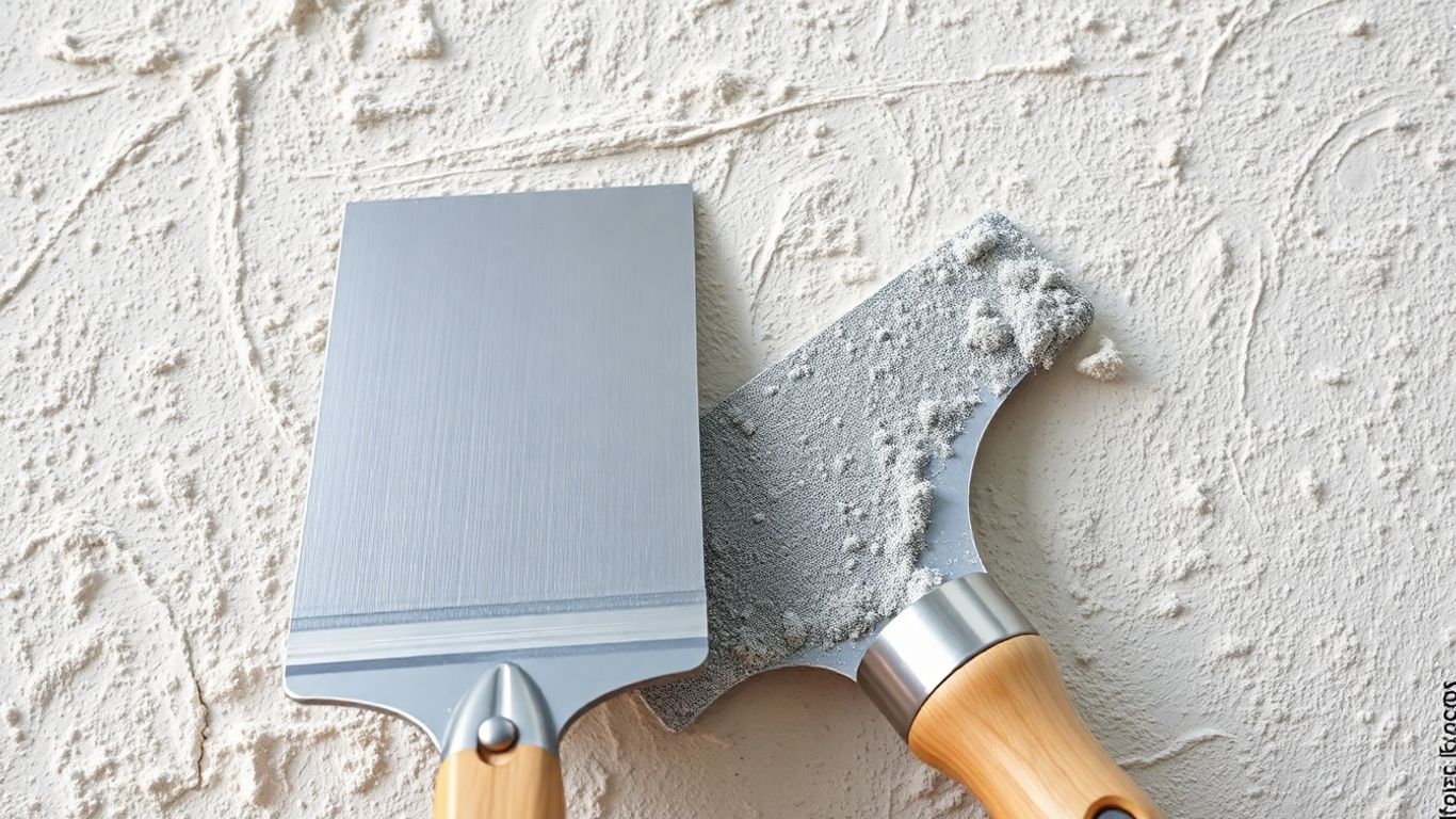 Plasterer's tools on a textured wall.