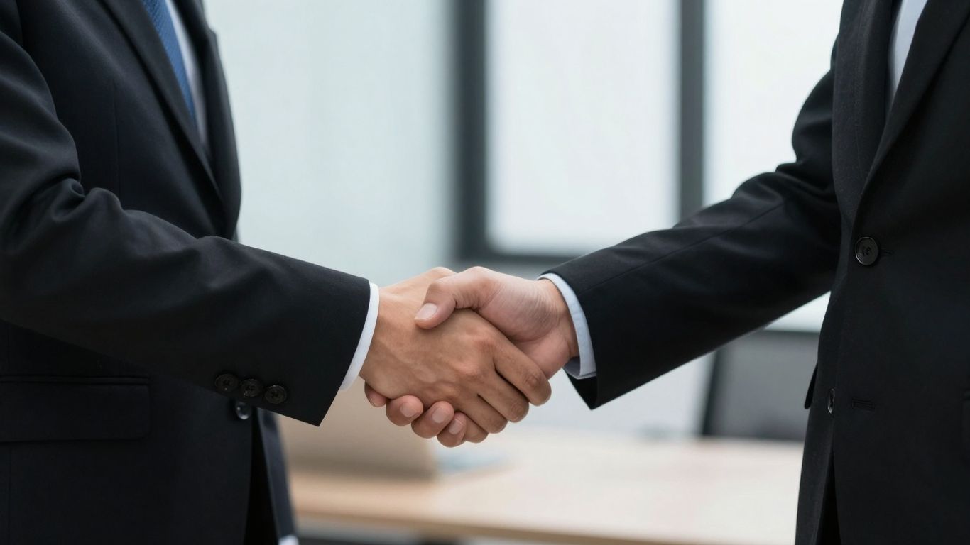 Zwei Personen schütteln sich die Hände in einem Büro.