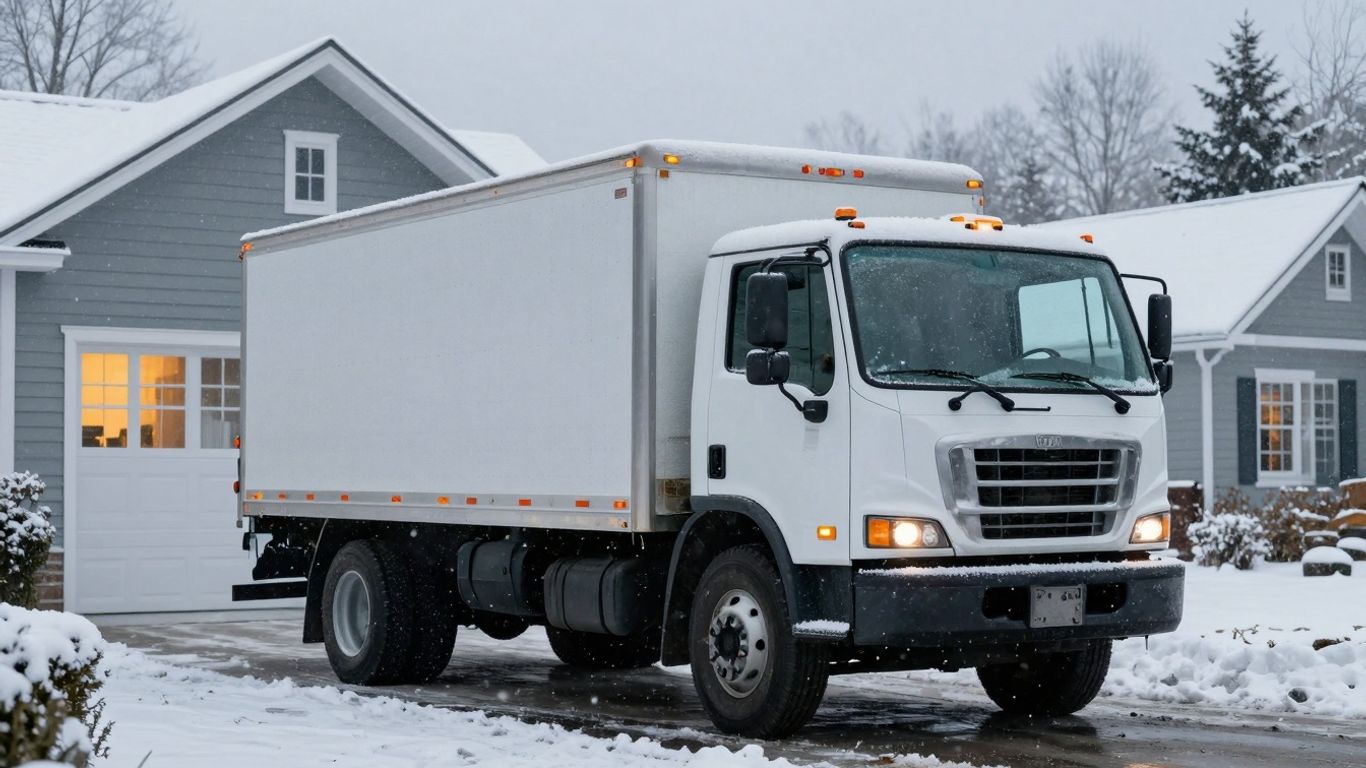 Contractor truck in snowy driveway, warm house lights.