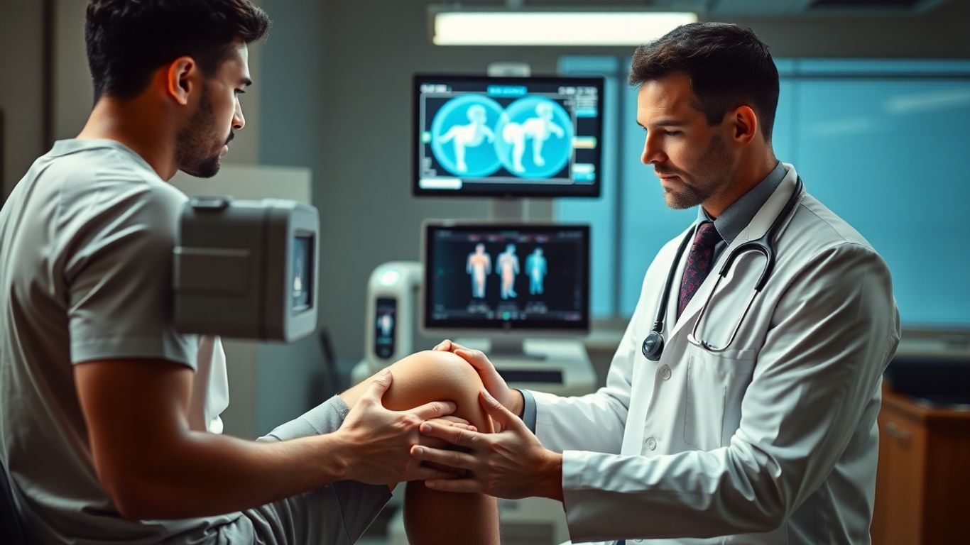 Médico esportivo examinando joelho de atleta com equipamento.