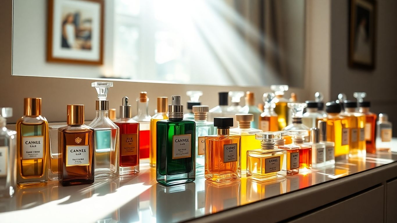Perfume bottles arranged neatly on a vanity surface.