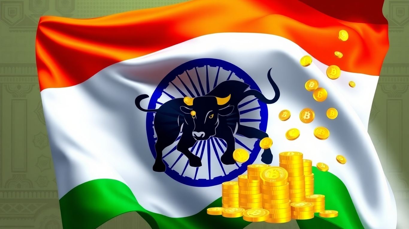 Indian flag merging with cryptocurrency icons and bull.
