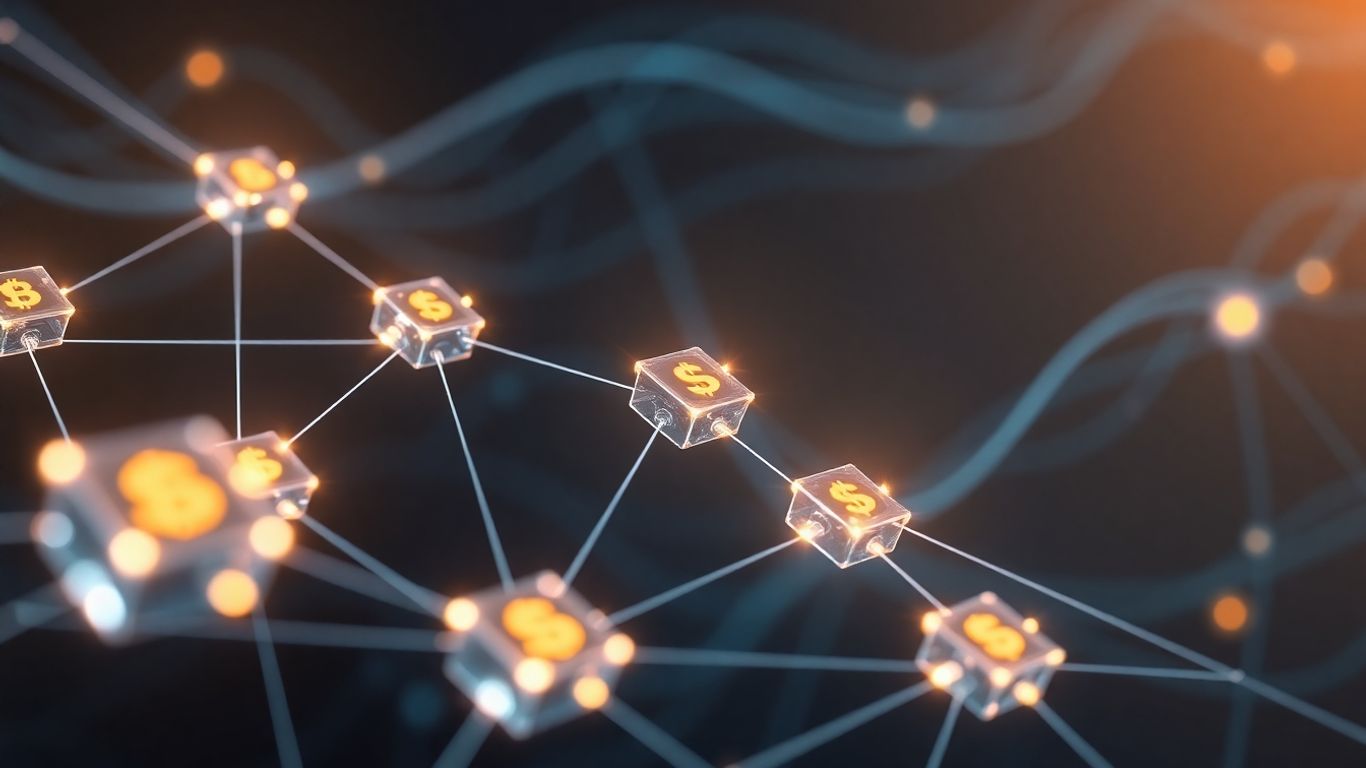 Blockchain network with financial symbols and glowing nodes.