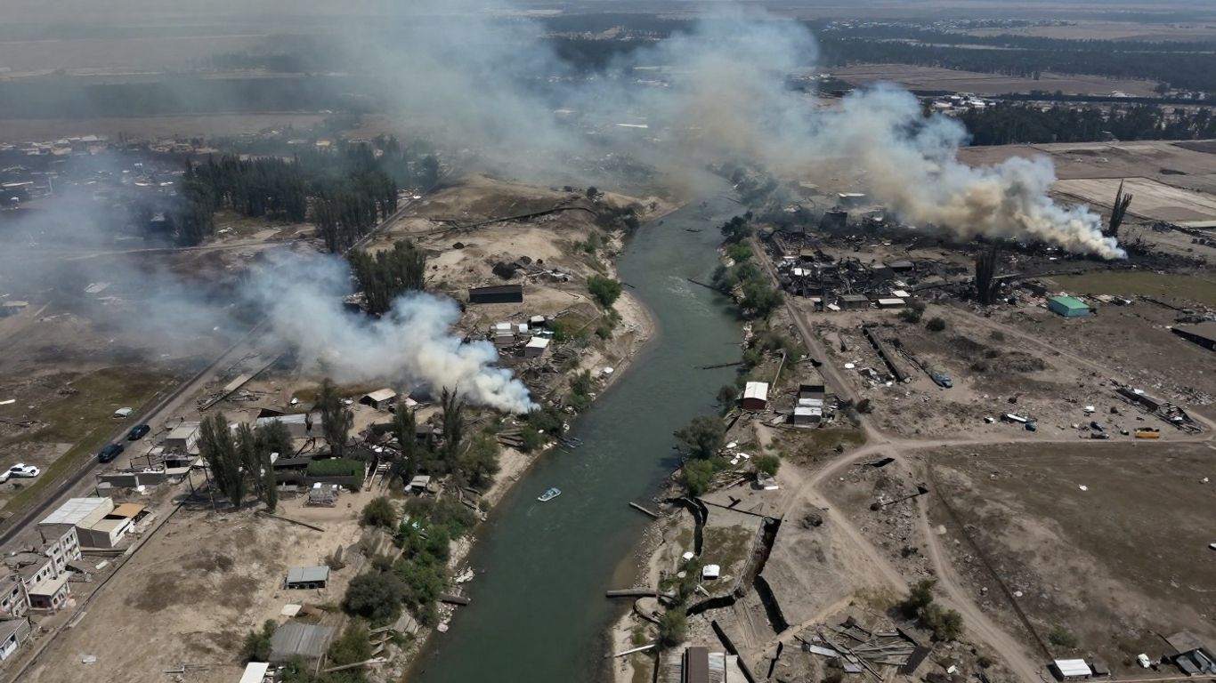 Peisaj devastat de conflict, cu fum și un râu despărțitor.