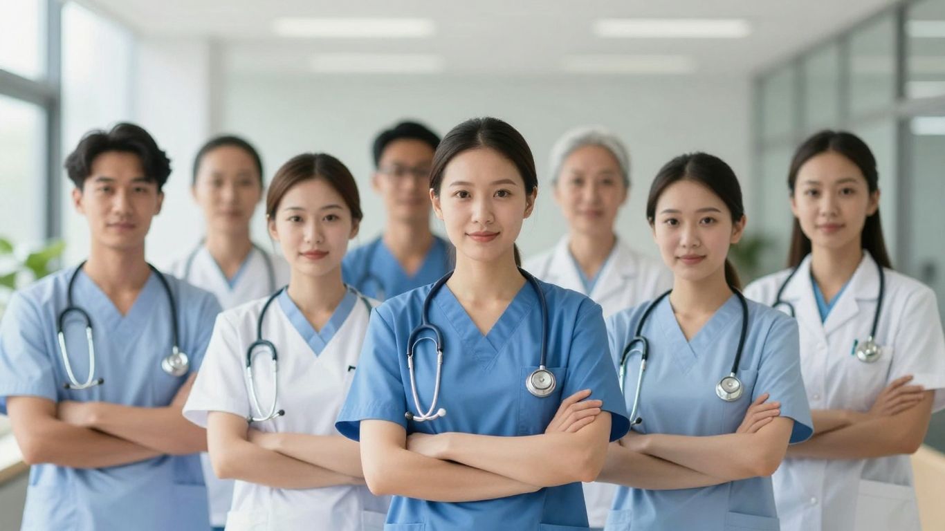 Nurses in professional attire collaborating in a bright healthcare setting.