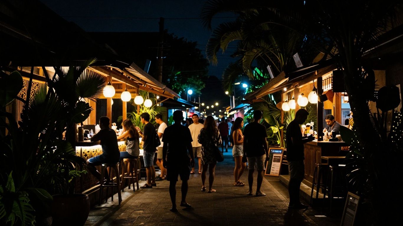 Tourists enjoying Bali nightlife safely at night.