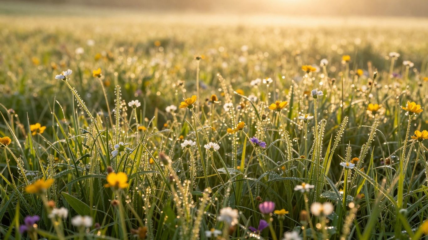 Zonsopgang in een bloemenweide met gouden licht.