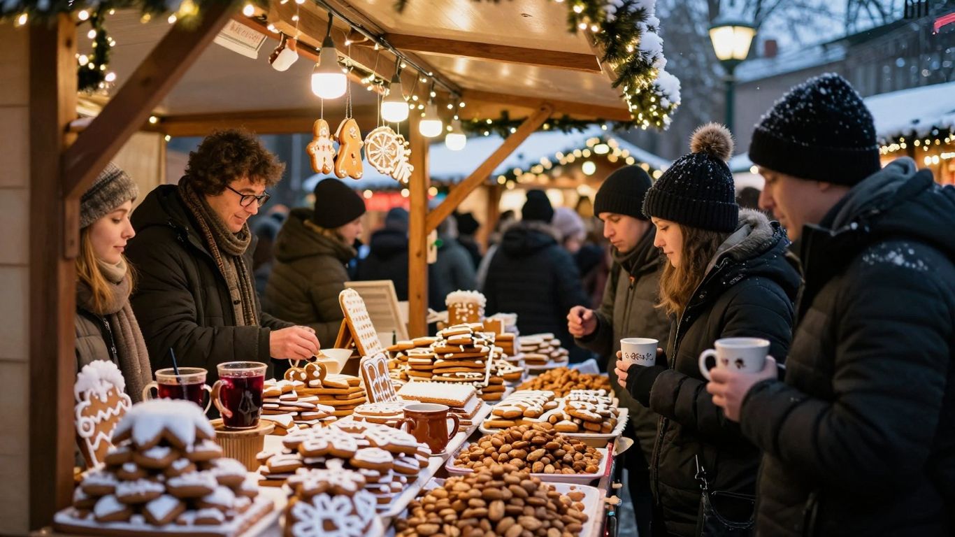 Weihnachtsmarkt mit Lichtern, Essen und Menschen