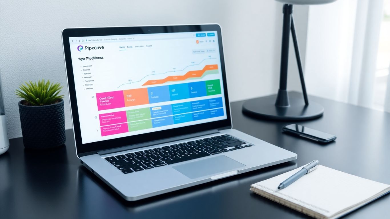 Interfaz de Pipedrive CRM en un escritorio moderno.