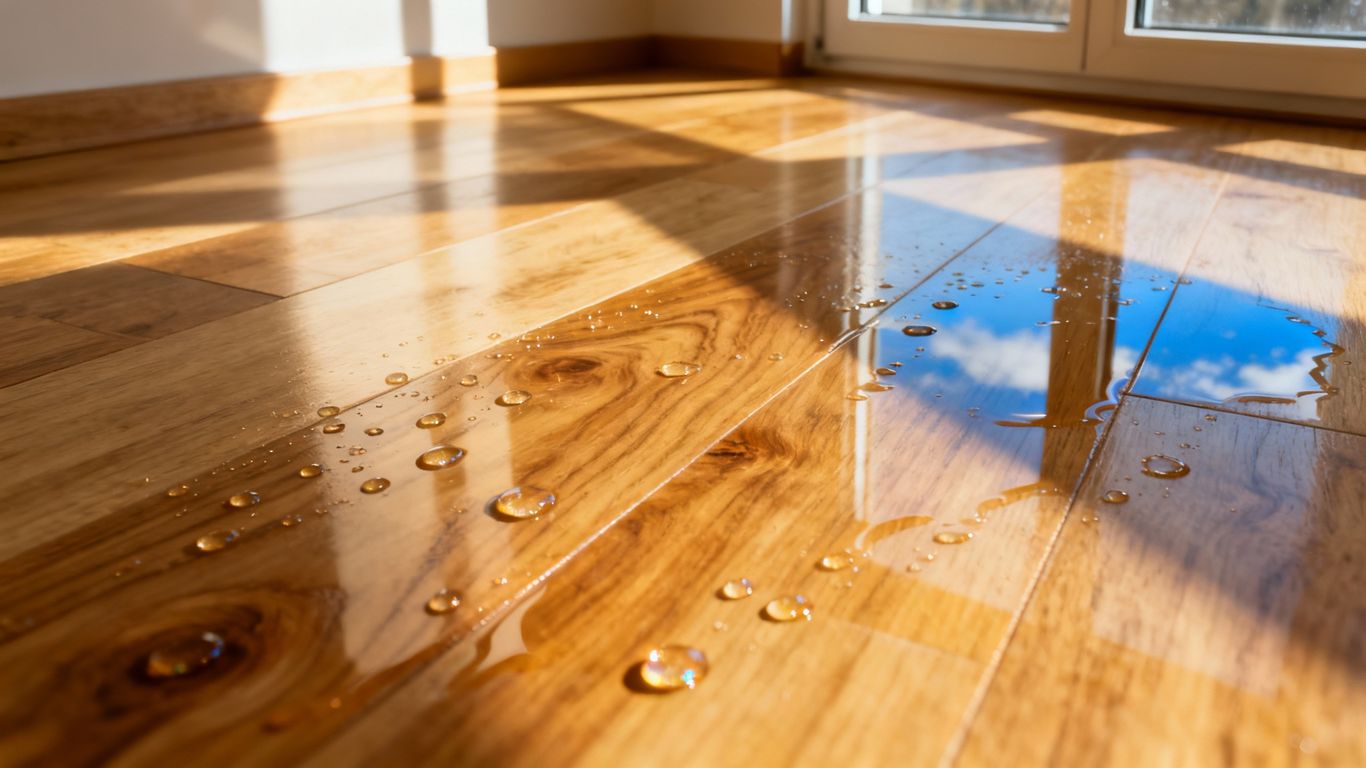 Water droplets on a polished hardwood floor.