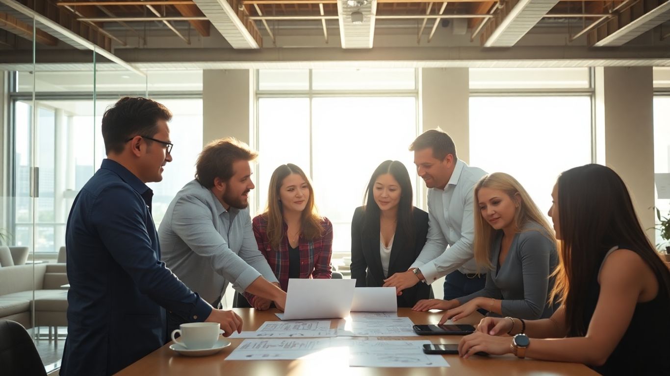 Business professionals collaborating in a bright office.