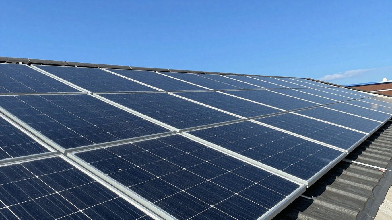 Panneaux solaires sur un toit sous un ciel bleu.