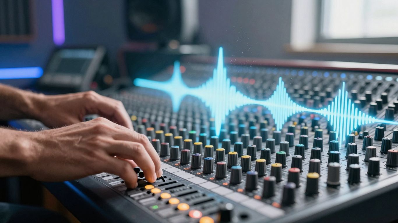 Producer working on beat mixing board with sound waves