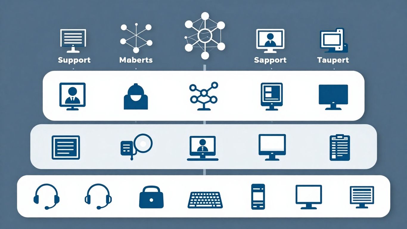 IT support levels infographic with icons for helpdesk to advanced solutions.
