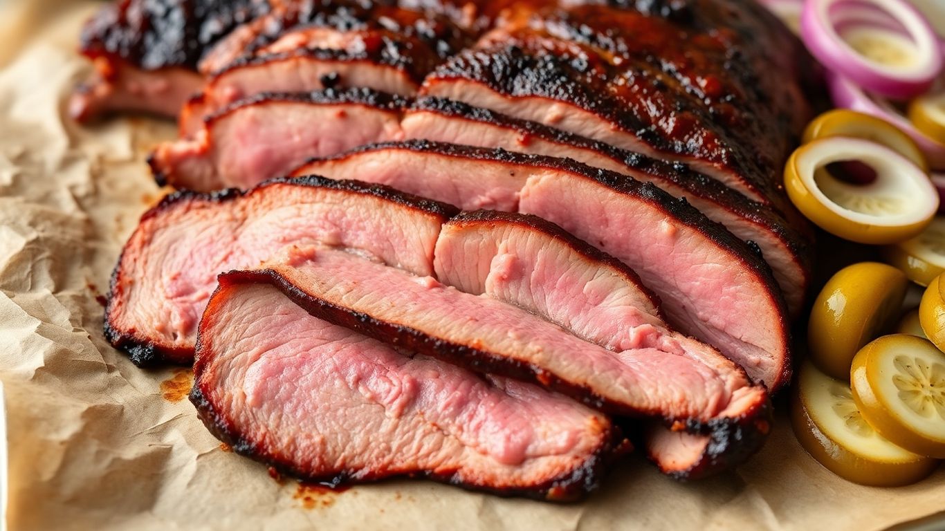 Smoked brisket slices with smoke ring, pickles, and onions.