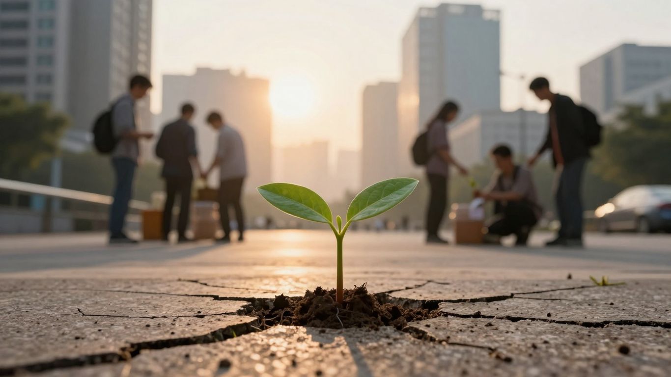 Seedling growing in Australian city, entrepreneurs collaborating.