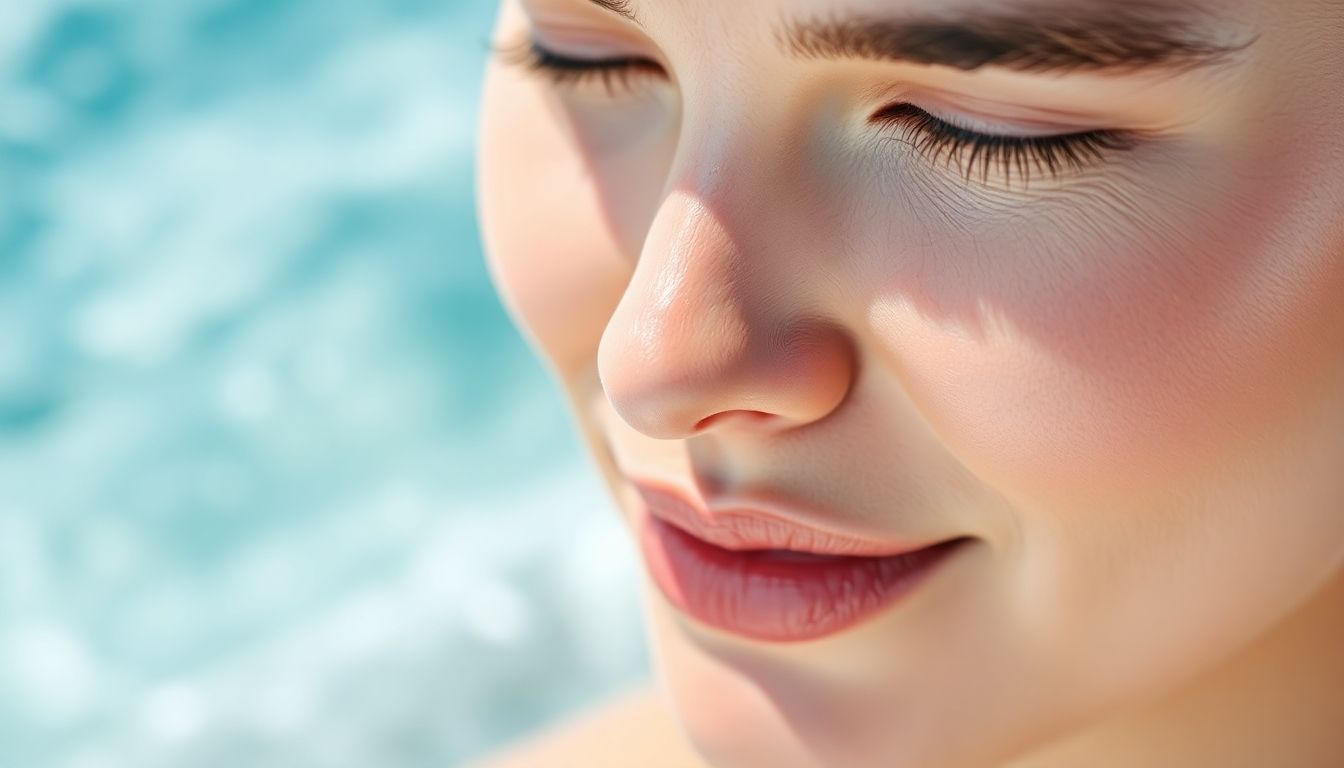 Woman with radiant skin and subtle marine elements.