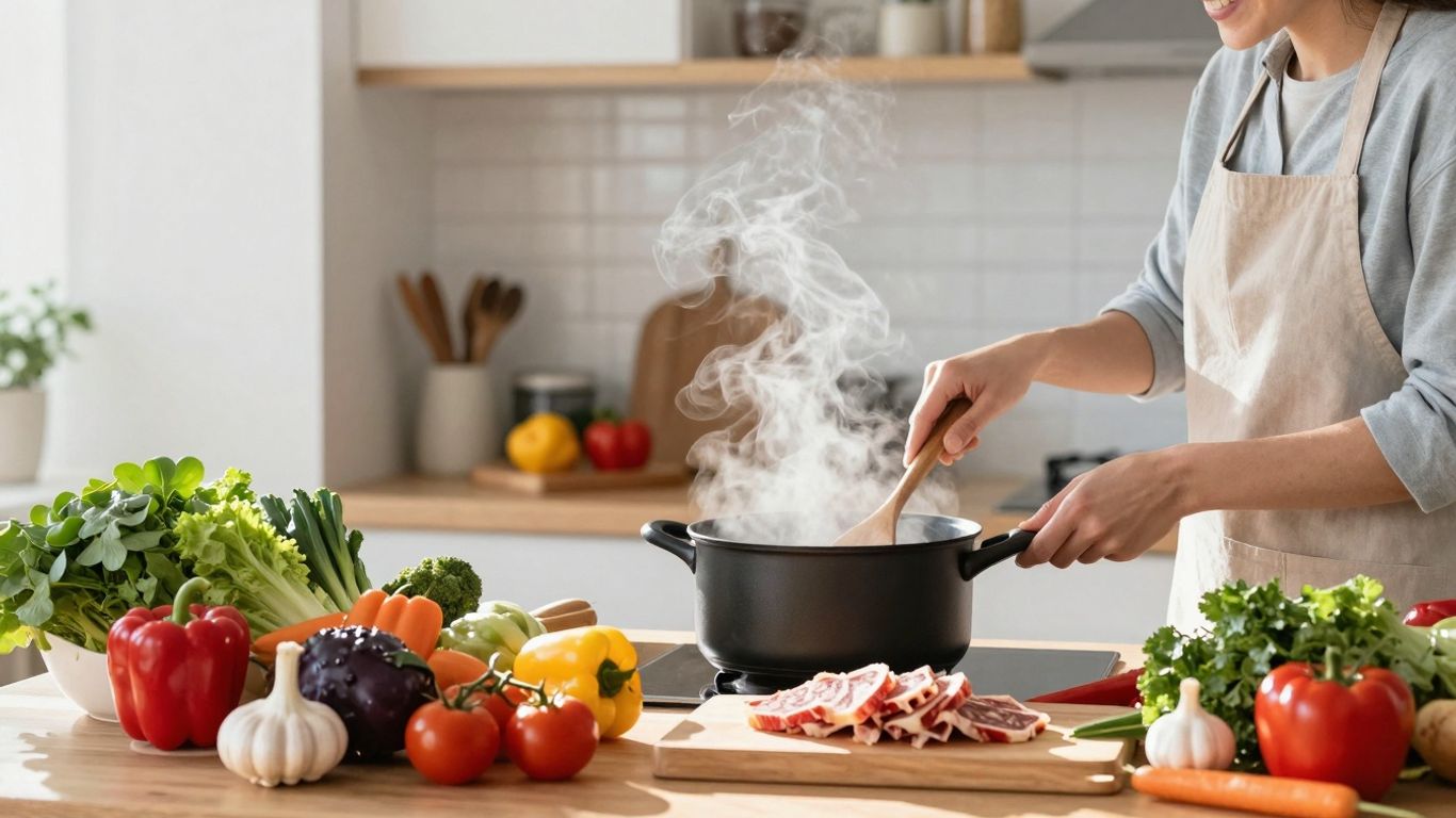 Home cook preparing a delicious meal in a sunlit kitchen.
