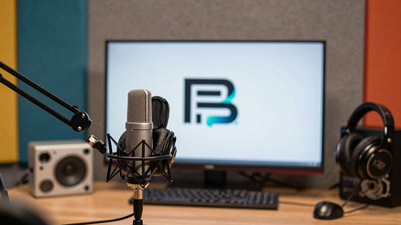 Podcast studio with microphone, headphones, and branding.