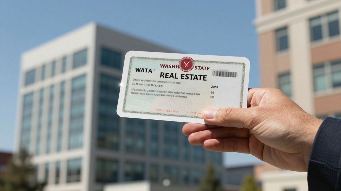 Washington State real estate license in hand, office building background.