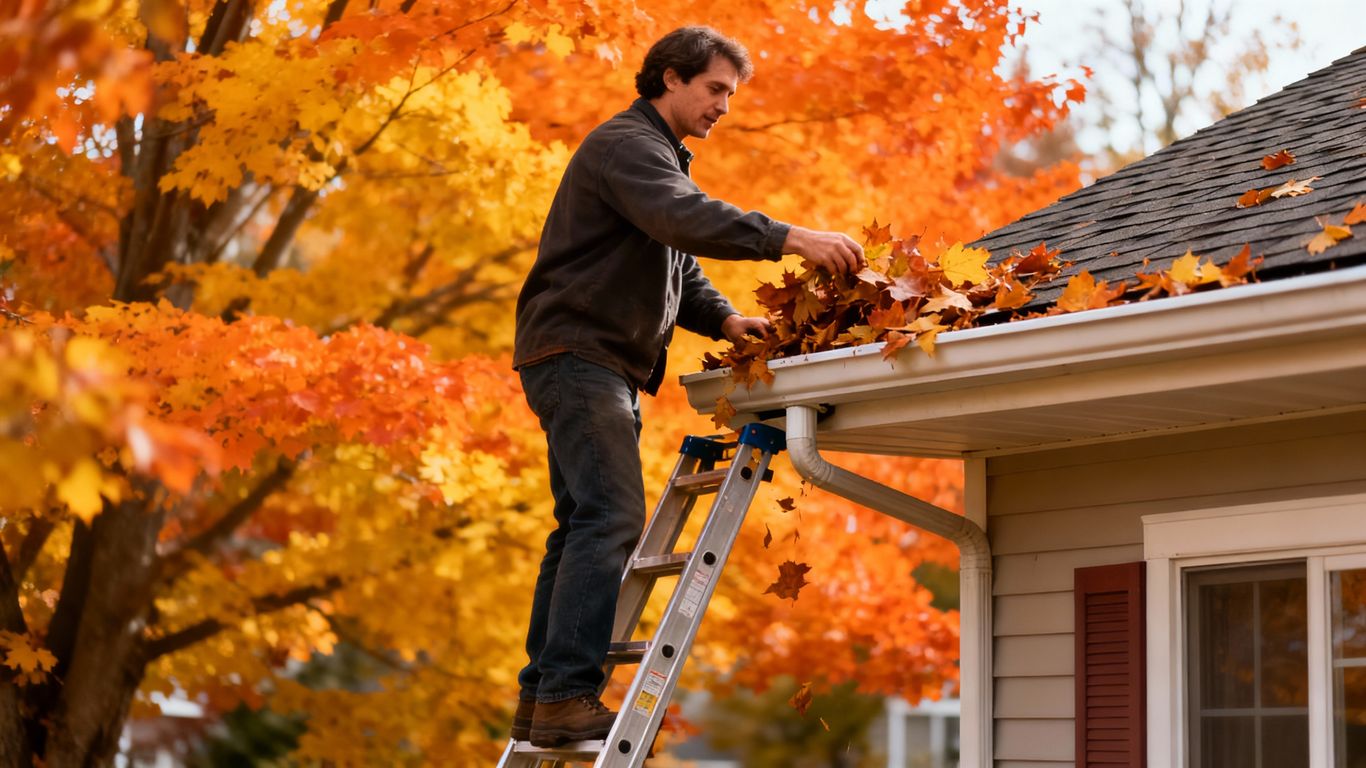 Person cleaning gutters with autumn leaves and fall trees.