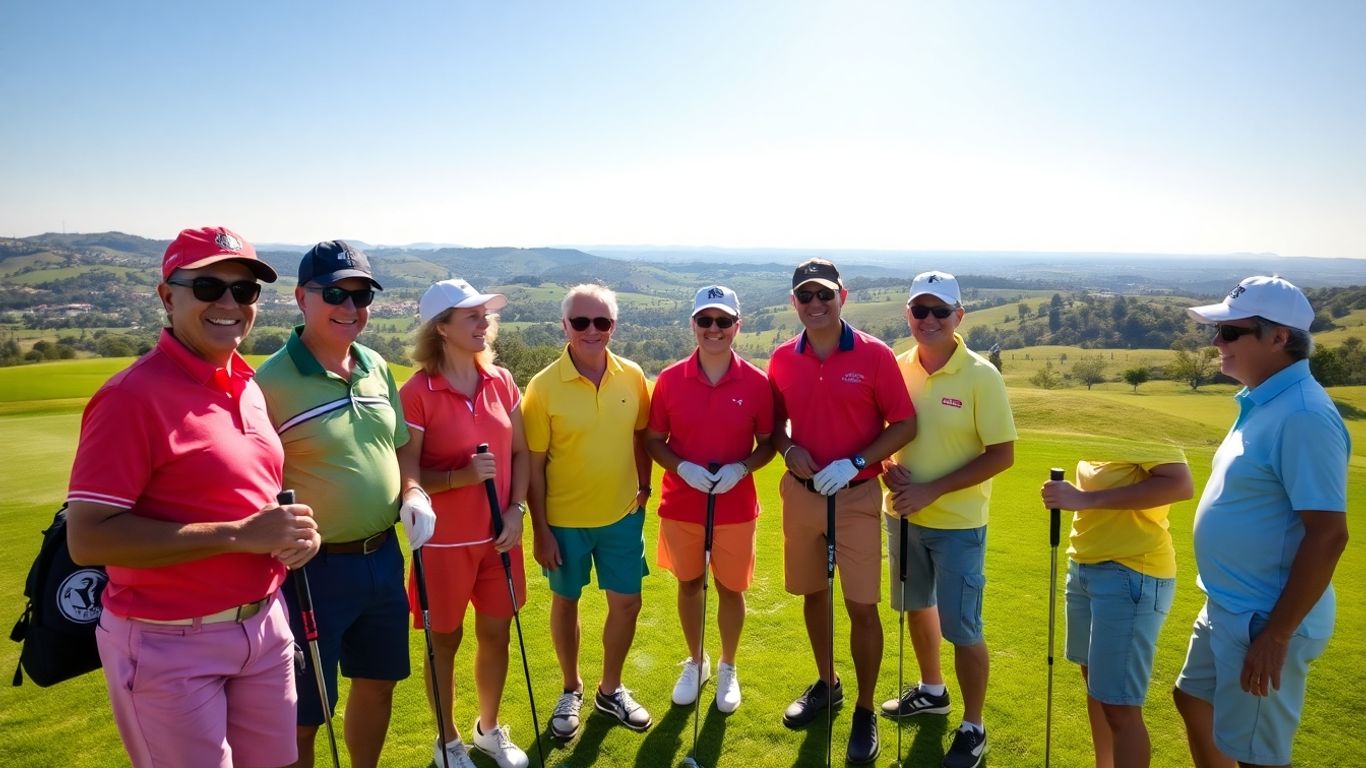 Golfergruppe auf einem grünen Golfplatz mit Schlägern