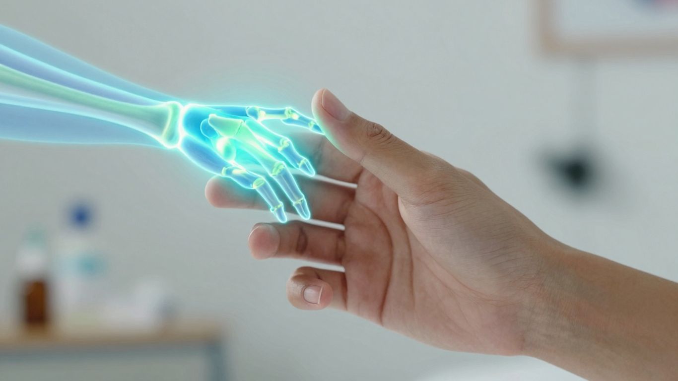 Person's hand touching glowing joint, symbolizing rejuvenation.
