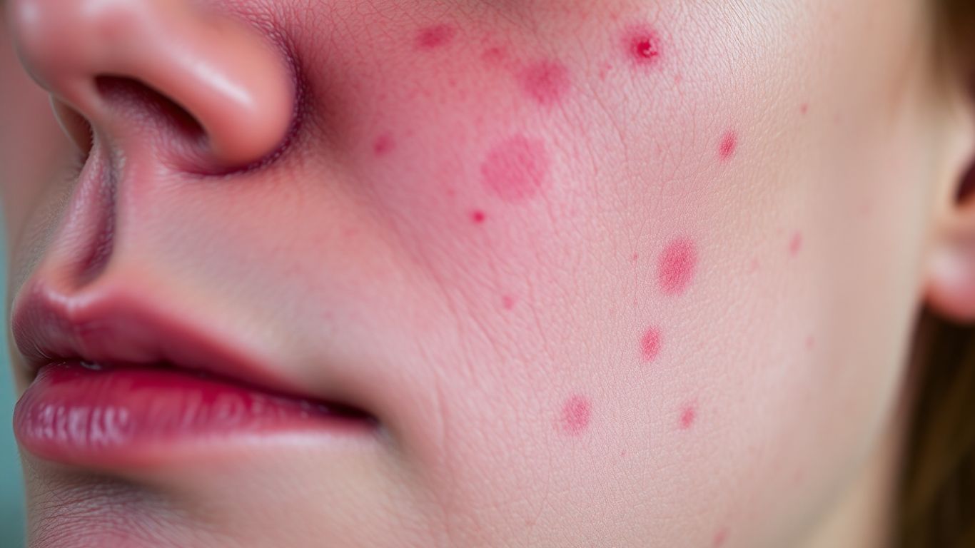 Pele com vermelhidão e vasos visíveis, indicando rosácea.