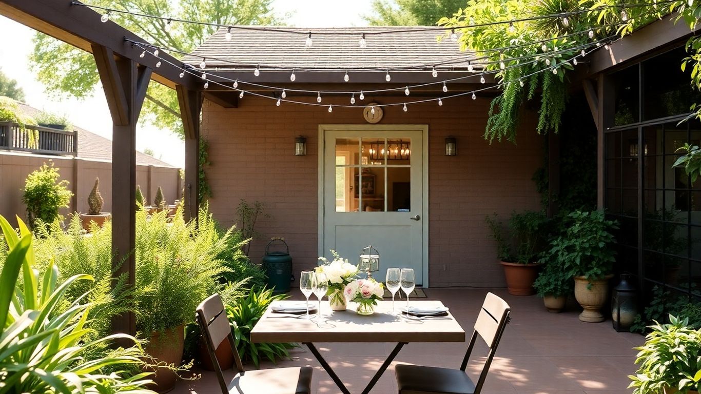 Intimate DFW micro wedding venue patio with string lights and floral decor.