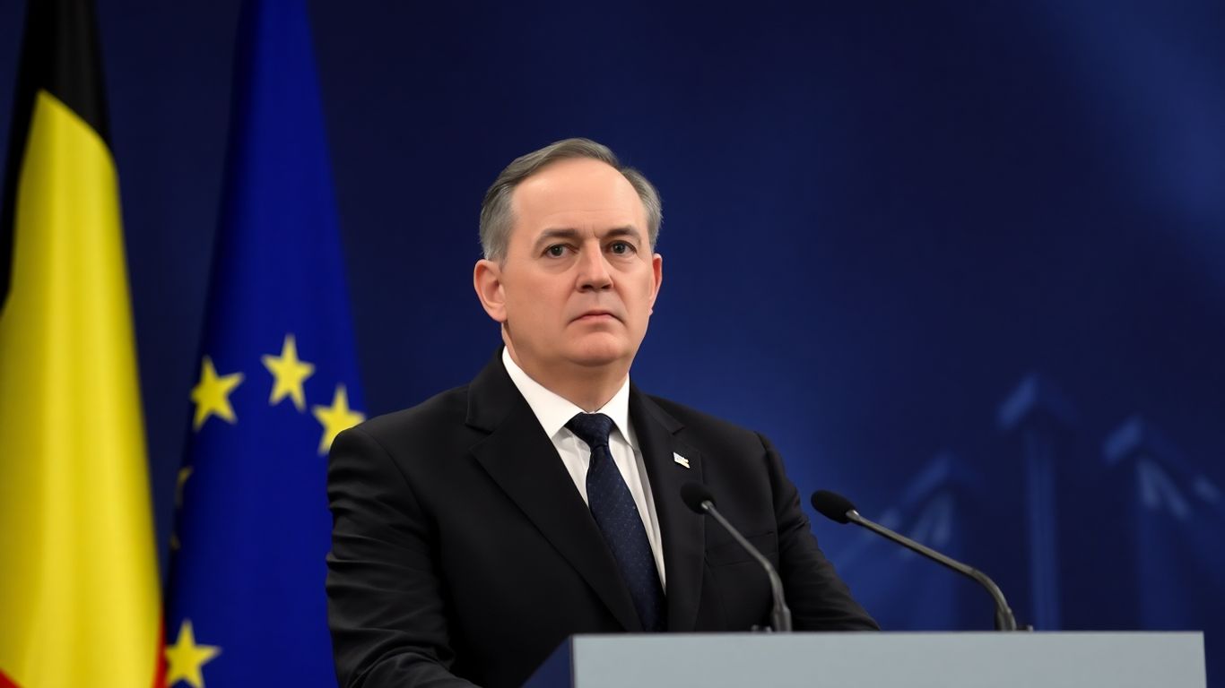 Belgian defense minister speaking, European flag backdrop.