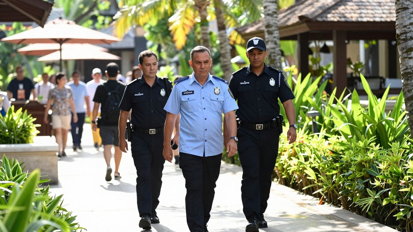 Security detail escorting VIP in Bali resort.