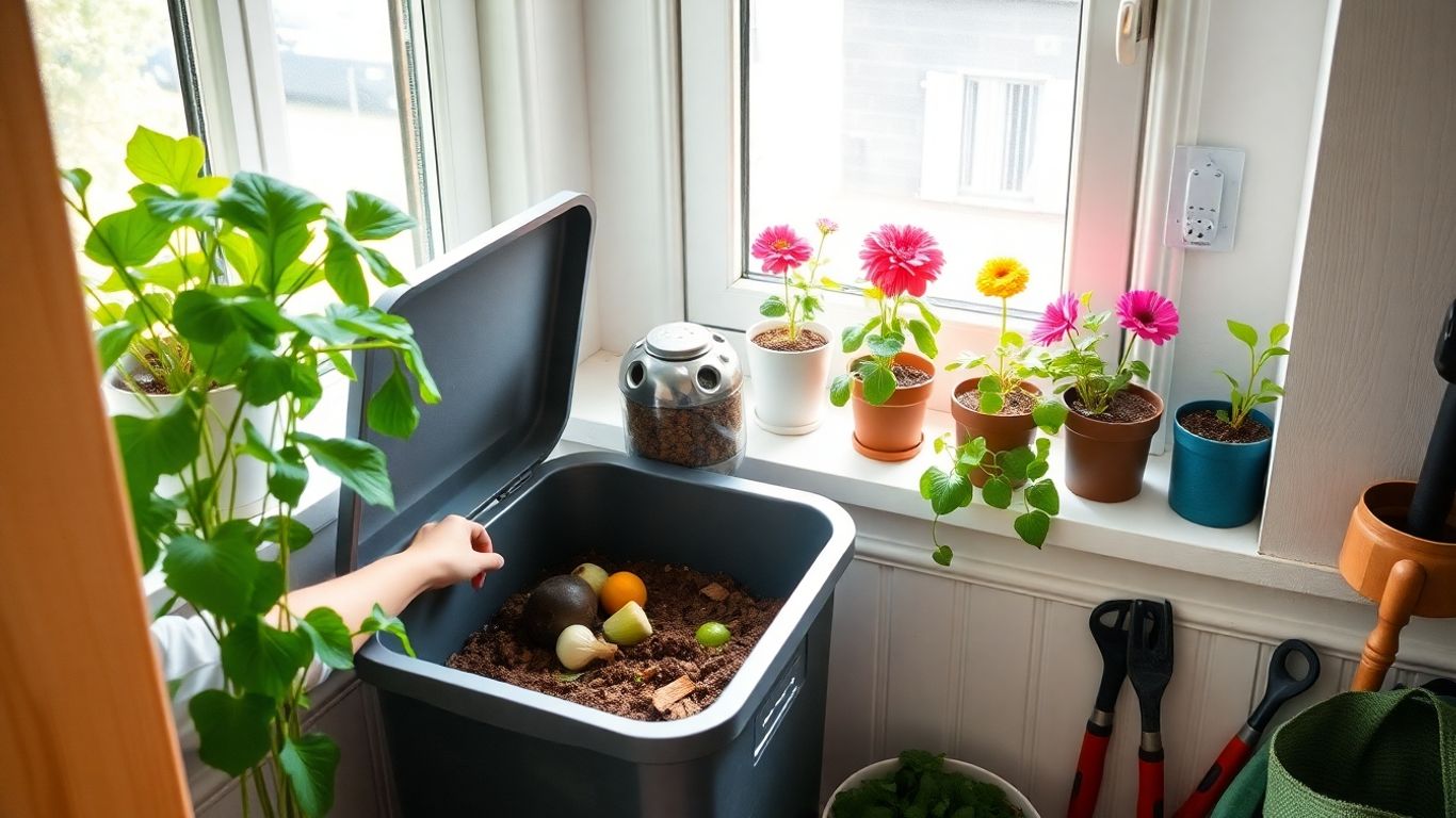 Compost de apartament lângă flori și legume pe pervaz