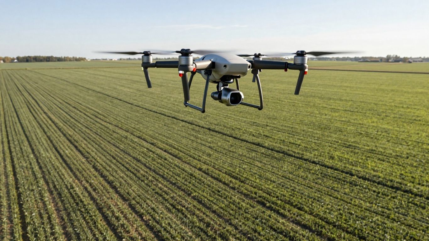 Drone flying over a large green farm field.
