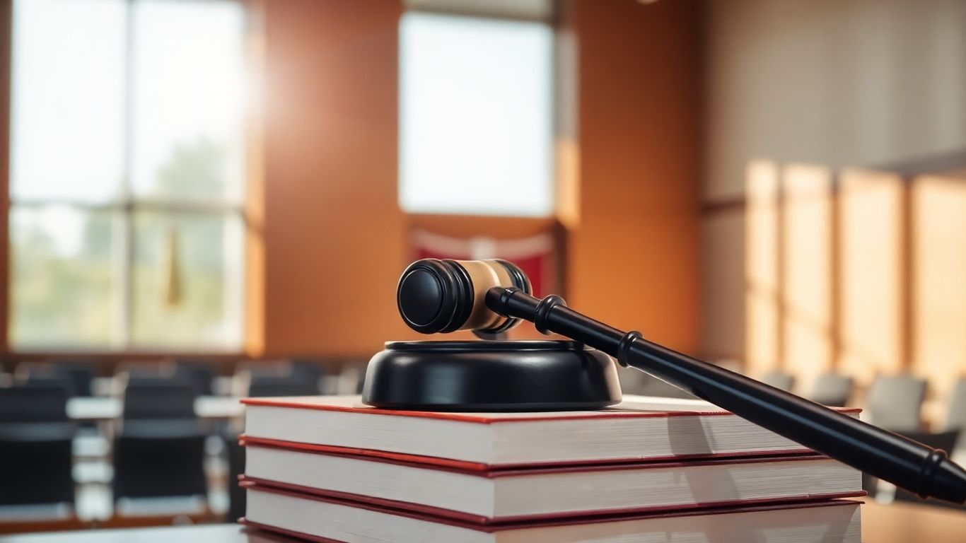 Ciocan de judecată pe cărți, sală de tribunal modernă.