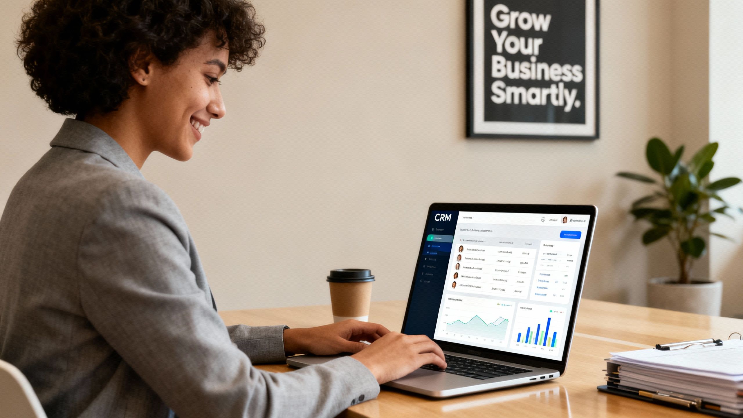 A small business owner smiling while using a CRM on their laptop in a modern office setting