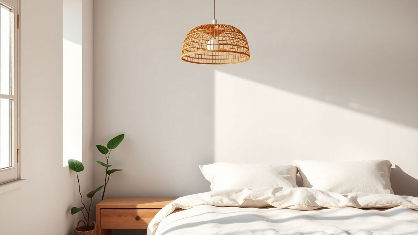 Rattan pendant lamp over bedside in modern bedroom