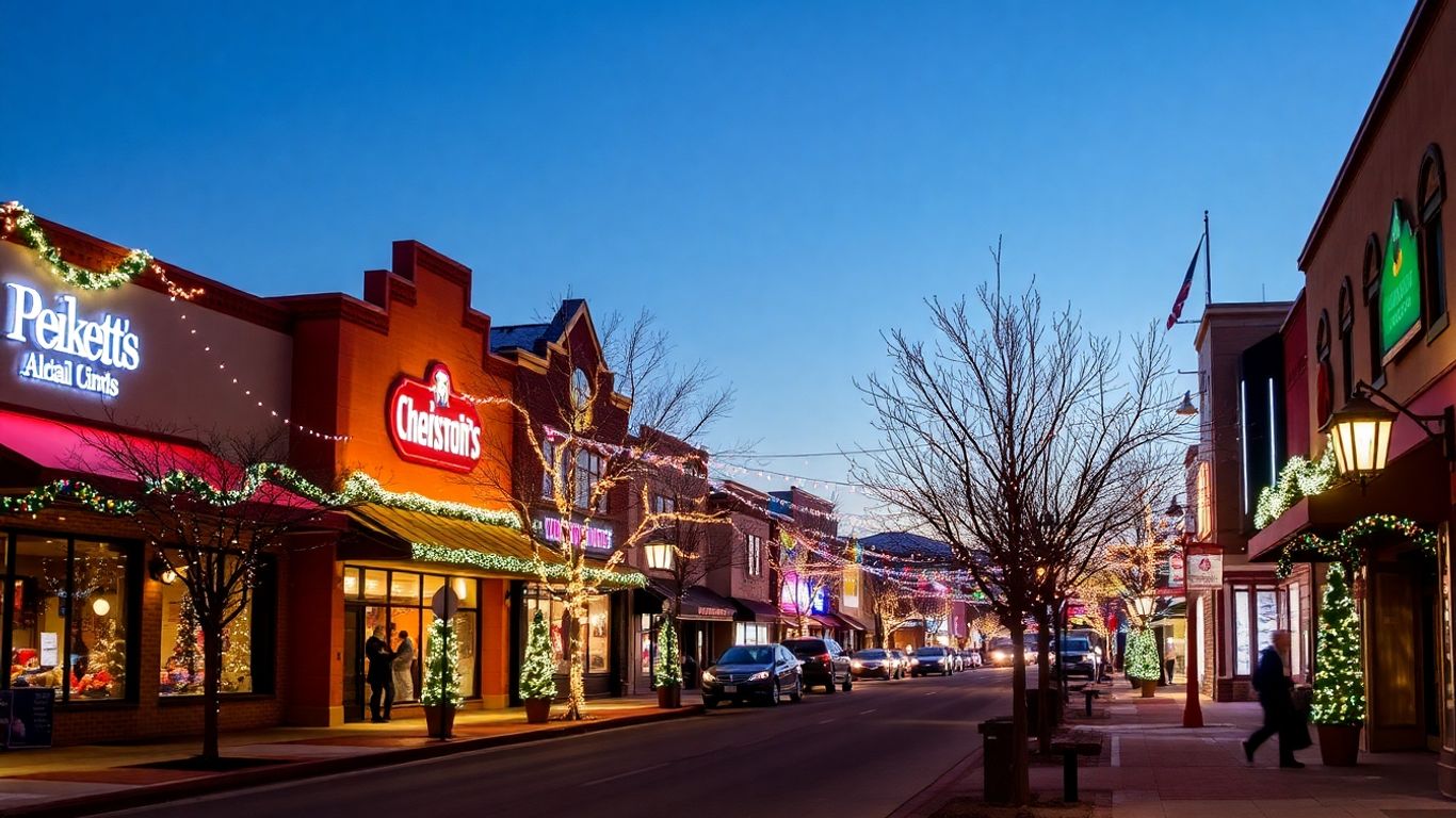 Photographic street with commercial Christmas lights in Sunset Hills