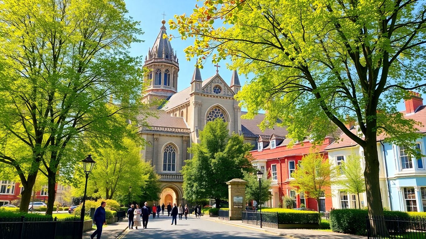 People and suitcases near St Albans Cathedral on sunny day