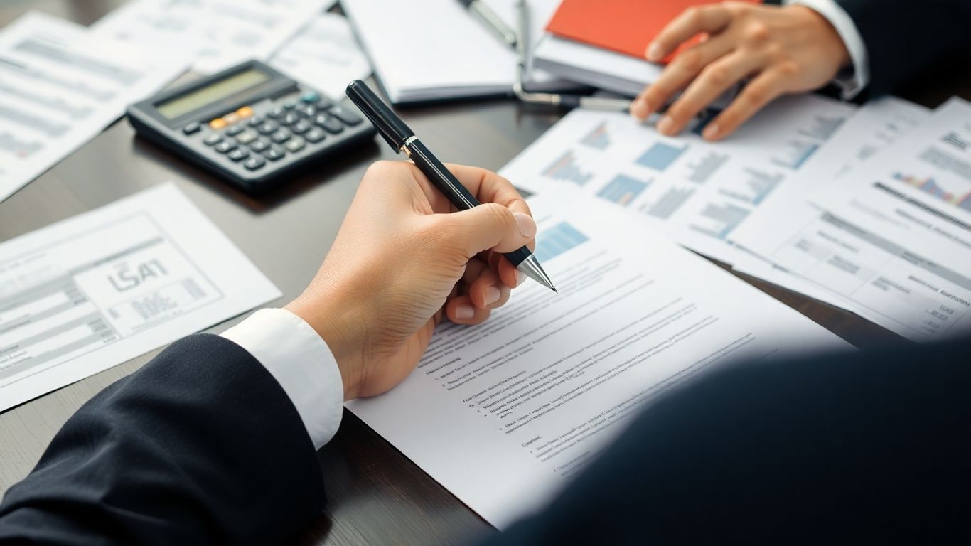 Mão assinando documento financeiro com calculadora e papéis.