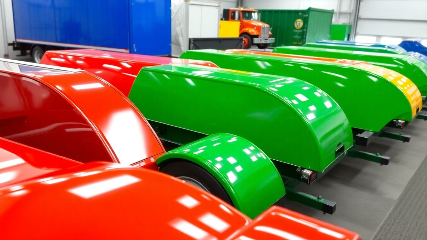 Frota de implementos rodoviários com pintura brilhante e protetora.