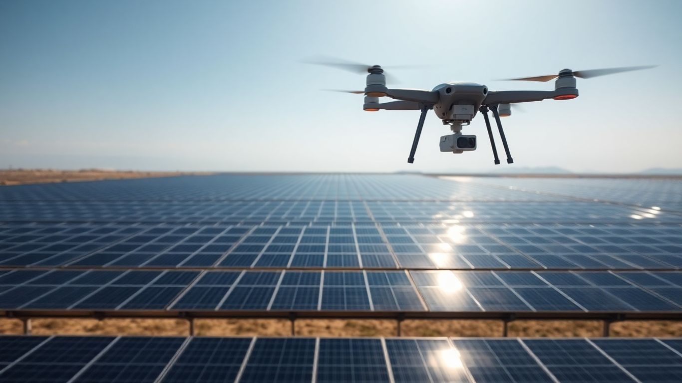 Drone surveying a large solar farm with LiDAR technology.
