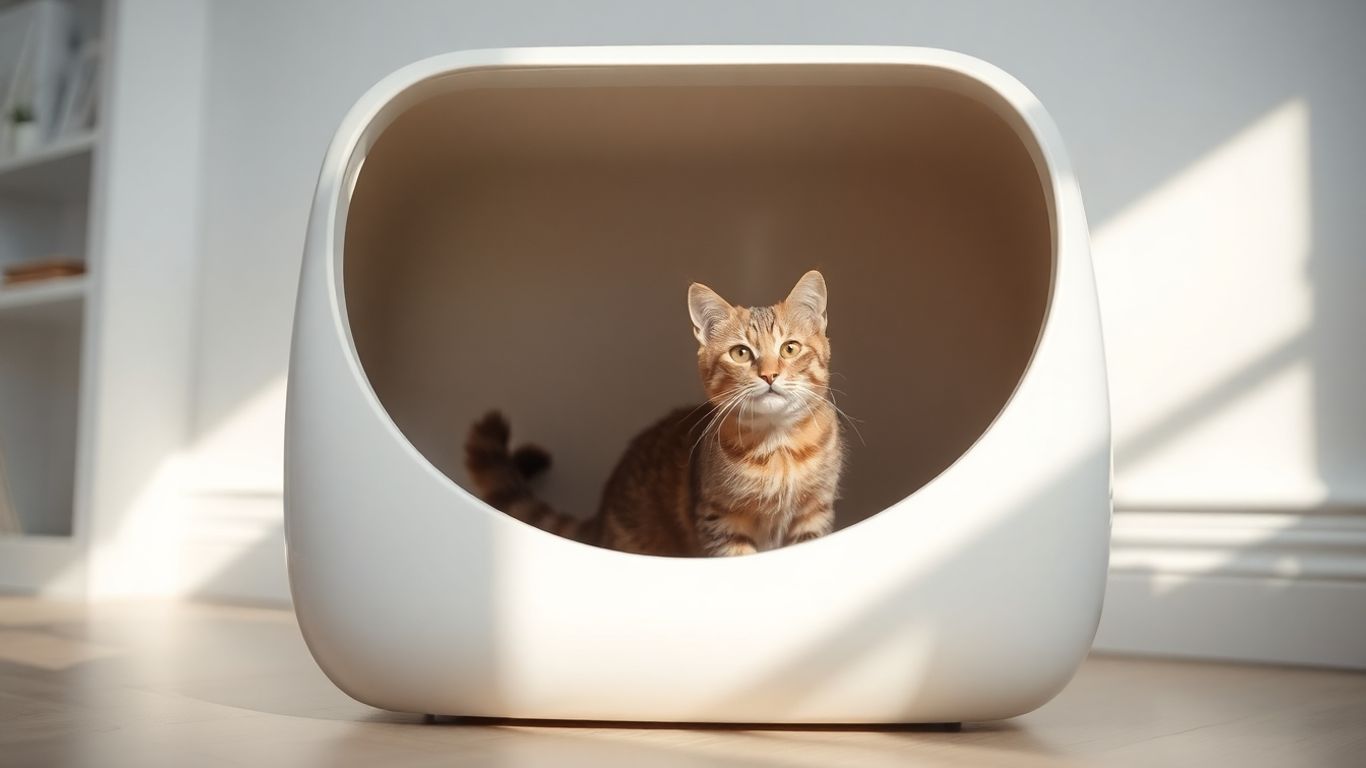 Hooded cat box with a cat peeking out.